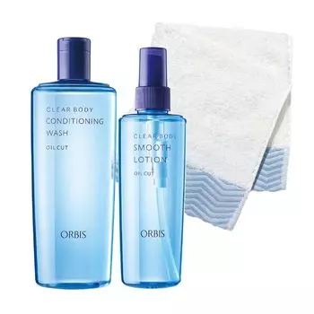 ORBIS Clear Body Set CL с пушистым антибактериальным полотенцем, очищающее средство для тела 260 мл, лечебный лосьон для тела от угревой сыпи (акне и 215мл)