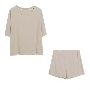 Orders Exported to Japan Boutique Good Goods/Wooden Ear Short sleeve T-shirt + Shorts Set Women Knit Soft Drape Two-piece Set Khaki 10