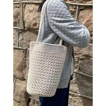Orders Exported to Japan Woven Bag Women Summer Handmade Hand-woven Bag Shoulder Cotton String Straw Bag Seaside Vacation Beach Bucket Bag Rice white cotton rope