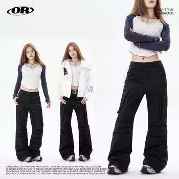 OREETA Ретро-плиссированный расклешенный комбинезон - унисекс осенние повседневные брюки высокого класса с большими карманами L чёрный