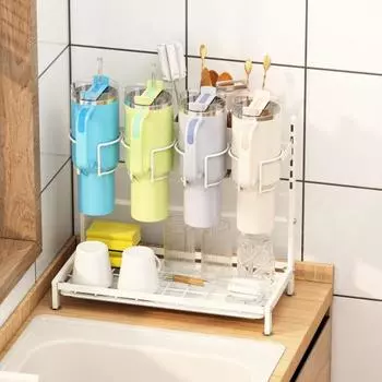 Органайзер для бутылок с водой, подставка для стаканов из углеродистой стали с поддоном для сбора капель, многофункциональный кухонный органайзер для кладовой белый