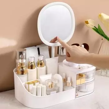 Органайзер для хранения косметики с зеркалом со светодиодной подсветкой, большой вместимостью, несколькими отделениями, органайзер для хранения кистей для макияжа, накладной