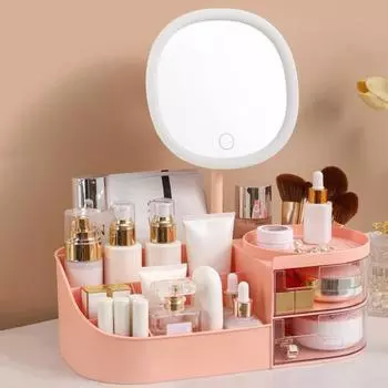Органайзер для хранения косметики с зеркалом со светодиодной подсветкой, большой вместимостью, несколькими отделениями, органайзер для хранения кистей для макияжа, накладной