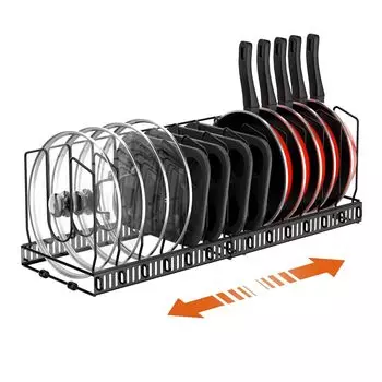 Органайзер для крышек кастрюль, улучшенный расширяемый органайзер для кастрюль и сковородок с 14 регулируемыми глубокими U-образными разделителями, стойка для хранения кастрюль и сковородок