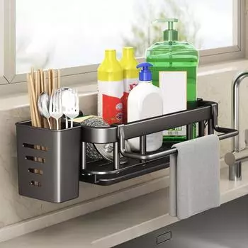 Органайзер для кухонной мойки с держателем для палочек для еды, прочный, несущий нагрузку, простой в установке, без проколов, настенная полка для хранения на кухне, контейнер для мойки темно-серого