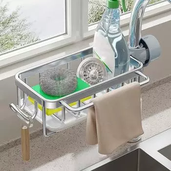 Органайзер для кухонной раковины, вешалка для полотенец, держатель губки, быстросохнущие отверстия для полосок, металлические компактные многофункциональные инструменты для хранения Left серый