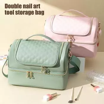 Органайзер для лака для ногтей, сумка для хранения с ручкой, большая вместимость, застежка-молния, двухслойный многофункциональный органайзер для маникюрных инструментов