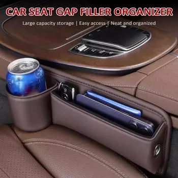 Органайзер для наполнителя зазоров в автомобильных сиденьях, автомобильный ящик для хранения из искусственной кожи на переднем сиденье с подстаканником, автомобиль Passenger Side коричневый