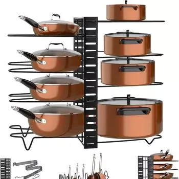 Органайзер для подставки для кастрюль Держатель для подставки для кастрюль Подставка-органайзер с 8 разделителями Стойка для хранения Регулируемая съемная стойка-органайзер для крышки кастрюли с 3 методами DIY