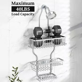 Органайзер для полок в ванной с 3 корзинами, большой вместимостью, прочной несущей способностью, простой установкой, полка для душевой лейки с 6 крючками Triple Layer