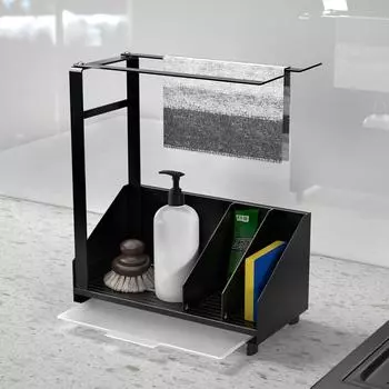 Органайзер для раковины, черный тонкий органайзер для раковины из нержавеющей стали с держателем для полотенец для кухни и ванной комнаты (25 х 20,5 х 8,5 см) 25 x 20.5 x 8.5 cm