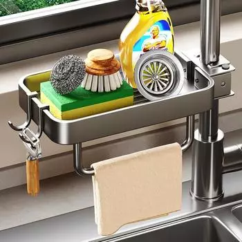 Органайзер для слива кухонного крана, алюминиевая самосливная мойка, держатель для мыла, губки, полка для хранения полотенец, корзина для фильтров