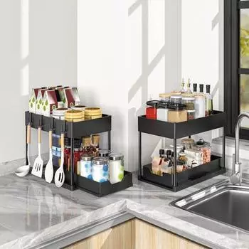 Органайзер для ванной комнаты под раковиной, прочный, устойчивый к коррозии, легко устанавливаемый, двухъярусный шкаф-органайзер, полка чёрный