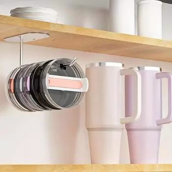 Органайзер с крышкой стакана, экономящий место, крючок для крышки чашки, самоклеящийся держатель для сверления, кухонный внутри, под органайзерами для хранения шкафа 1pc-S серебряный