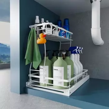 Органайзеры и системы хранения под раковиной, двухъярусные органайзеры и системы хранения для кухни в ванной, выдвижные системы хранения под раковиной для кухни белый