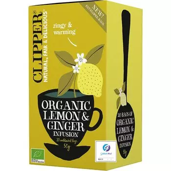 Органический травяной чай Clipper Lemon Ginger без кофеина 20 шт. с этикеткой с указанием даты открытия и глобальным пожеланием