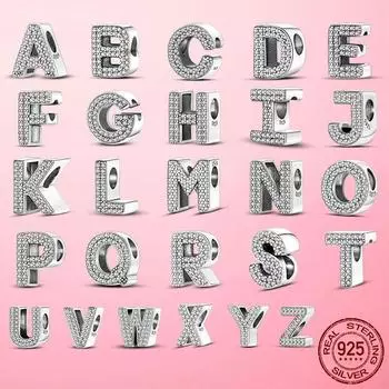 Оригинальные серебряные 925 пробы с буквами CZ и цирконием от A до Z, 26 бусин с буквами, подходят для браслета с подвесками, серебряные 925 пробы, ювелирные изделия