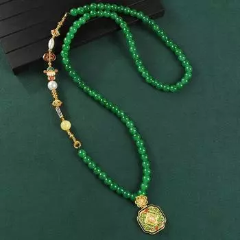Original agate necklace green glazed ancient gold pendant high-end sweater chain cheongsam accessories women