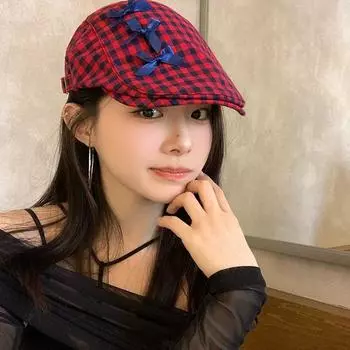 Оригинальный дизайн банта береты для женщин лето осень повседневный универсальный стиль колледж милый контрастный цвет клетчатые шляпы вперед 56-58cm красный