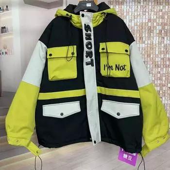 Original Design Color Matching Fashion Trendy Relaxed Feeling Trendy Shell Jacket Cotton-Padded Clothes Mid Length Long Length Outwear Men and Women Image color One size