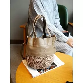 Original Design Popular Retro Bucket Bag Sub-Cotton and Linen Hand-Woven First Layer Cowhide Satchel Shoulder Messenger Bag for Women Khaki trumpet