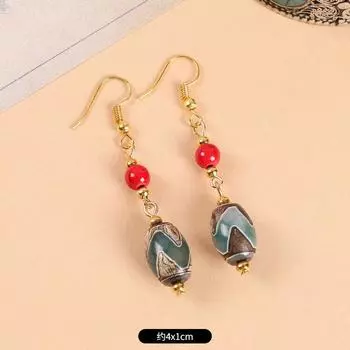 Original design Tibetan nine-eye dzi bead agate earrings retro literary tiger tooth earrings Chinese earrings women