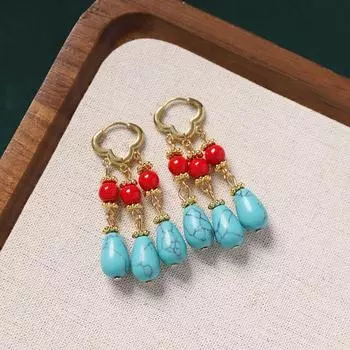 Original earrings, natural agate chalcedony ear buckles, niche design, antique earrings, women s fringed earrings.