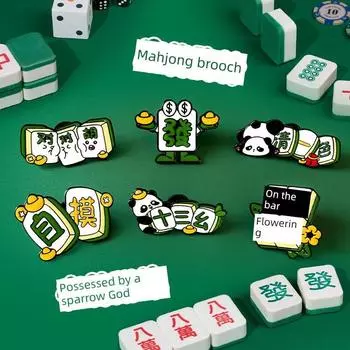 Original Mahjong Fortune Series Brooch Cute Personality Panda Golden M Badge Easiest for Match Schoolbag Clothing Accessories Mahjong 6-piece set