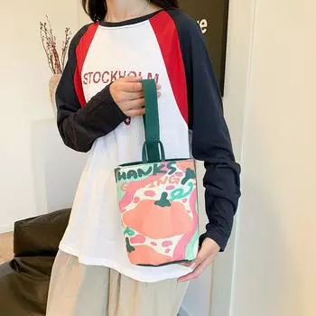 Оригинальная иллюстрация Портативная сумка-ведро Сумка для выхода Перекусы Холщовая сумка Милая маленькая сумка для выхода темно-зеленого