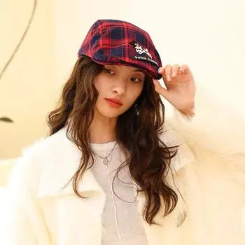 Оригинальная симпатичная клетчатая шляпа с нашивкой в виде щенка Y2K для лета и осени, для путешествий, солнцезащитный крем, повседневные универсальные береты для женщин 56-58cm красный