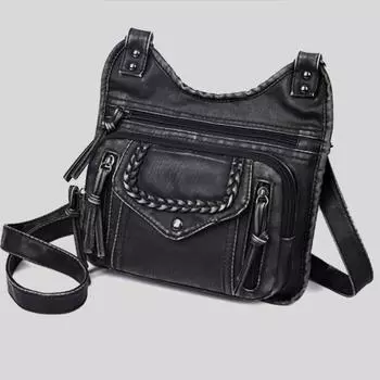 Оригинальная старая многофункциональная сумка для мотоцикла из мягкой стираной кожи, женская сумка через плечо в стиле ретро, сумка через плечо высокого уровня 15X4X14CM чёрный