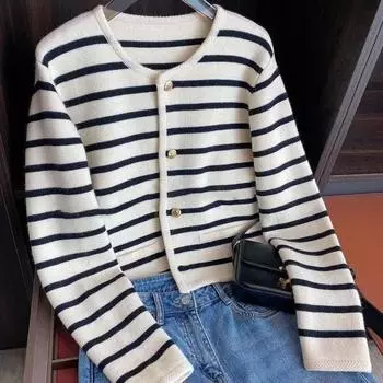 Original niche design gold buckle striped knitted cardigan for women with new knitted sweater jacket long-sleeved top trendy S чёрный