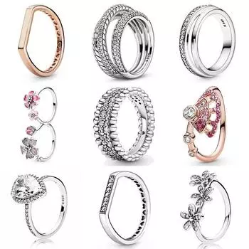 Оригинальное кольцо из стерлингового серебра 925 пробы с тройным ободком и цепочкой-змейкой, сверкающее кольцо-бар для женщин, модные ювелирные изделия 5