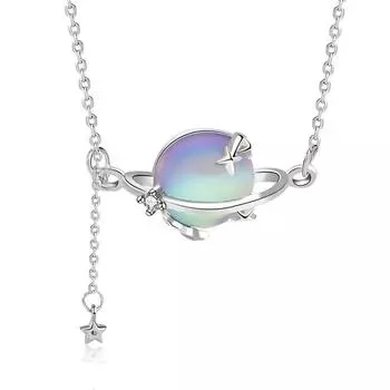 Оригинальное ожерелье из стерлингового серебра S925 с лунным камнем и планетой, женское, с кисточками, длинная цепочка на ключицу