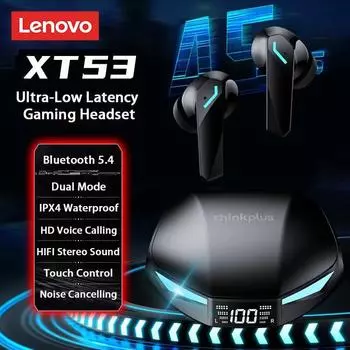Оригинальные беспроводные наушники Lenovo XT53, обновленные наушники Bluetooth 5.4, игровая гарнитура с низкой задержкой и шумоподавлением, светодиодные наушники-вкладыши, новые чёрный