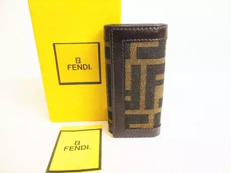 Оригинальные чехлы для ключей FENDI Zucca Khaki Canvas из темно-коричневой кожи 4 шт. #9119, восстановленные
