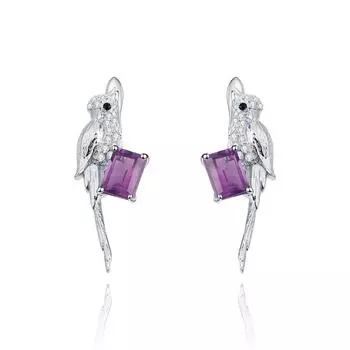 Оригинальные дизайнерские высококачественные французские романтические серьги Bird design серебряные серьги-гвоздики с натуральным аметистом 925 пробы