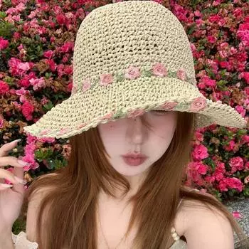 Оригинальные соломенные женские шляпы с цветочным декором, летние корейские модные универсальные дышащие солнцезащитные кепки с цветочным принтом для пляжа 56-58cm бежевый
