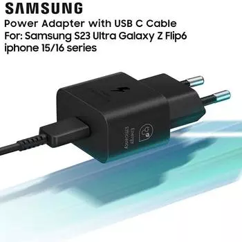 Оригинальный адаптер питания SAMSUNG с кабелем USB C 3A для быстрой зарядки iPhone 15 16 серии S23 Ultra S22 S24 Z Flip6 Flip5 Fold6 чёрный