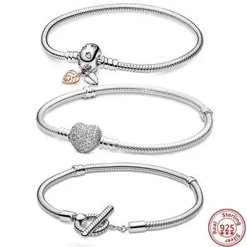 Оригинальный браслет-цепочка из стерлингового серебра 925 пробы со змеей, безопасная застежка в форме сердца, бусины, подвески, браслеты для женщин и девочек, ювелирные изделия своими руками 21cm