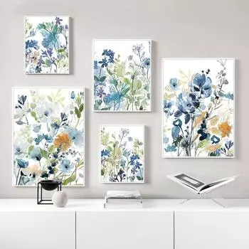 Оригинальный дизайн, абстрактный синий цветок, холст, картина, скандинавское зеленое растение, печать плакатов, настенная живопись для гостиной 21cm30cm NoFrame