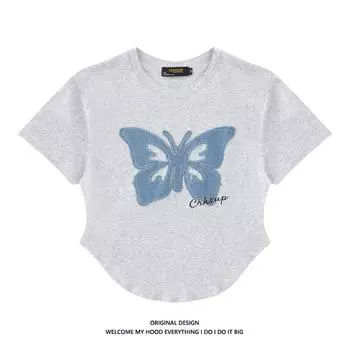 Оригинальный дизайн, черная футболка с короткими рукавами и нашивкой в виде бабочки для девочек, женская летняя футболка с короткими рукавами и короткими рукавами L белый