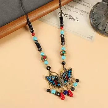 Оригинальный дизайн Непальское ожерелье-бабочка Винтажная цепочка для ключиц Экзотический стиль Кисточка Фронтальный тибетский головной убор