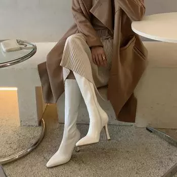 Оригинальный дизайн! Огромный комфорт~ Коричневые заостренные высокие каблуки, но тонкие до колена длинные сапоги тонкие каблуки высокие эластичные сапоги женские 34