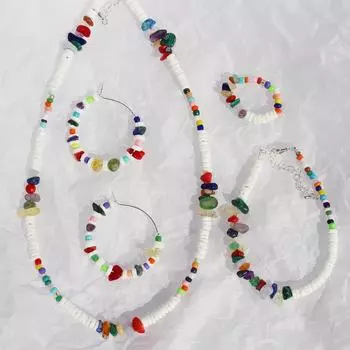 Оригинальный дизайн, ожерелье из бисера с натуральным камнем, белые ракушки, браслет, серьги, комплект колец, 39