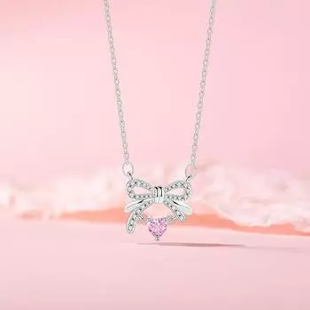 Оригинальный дизайн ожерелье в форме сердца с бантом ювелирные изделия женственность сладкий розовый цирконий любовь нержавеющая сталь ключичная цепочка