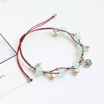 Оригинальный дизайн в этническом стиле в один шаг, браслет с колокольчиком на удачу, браслет с имитацией граната, женский плетеный браслет-рукав из красной веревки Light Blue