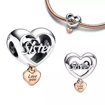 Оригинальный кулон S925 серебро Love You Sister Heart Charm Fit модный браслет DIY ювелирные изделия для сестры изготовление подарка на день рождения