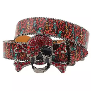 Оригинальный ремень с граффити и принтом большого черепа Water Drill Y2K Trendy Leather Printed Belt с принтом черепа злодея 105cm чёрный