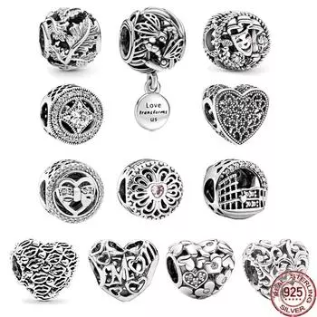 Оригинальный Стерлингового Серебра 925 Ажурные Розы и Мама Сценарий Сердце Шарм Шарм Подходит Модный Браслет DIY Ювелирные Изделия Подарок Для Женщин